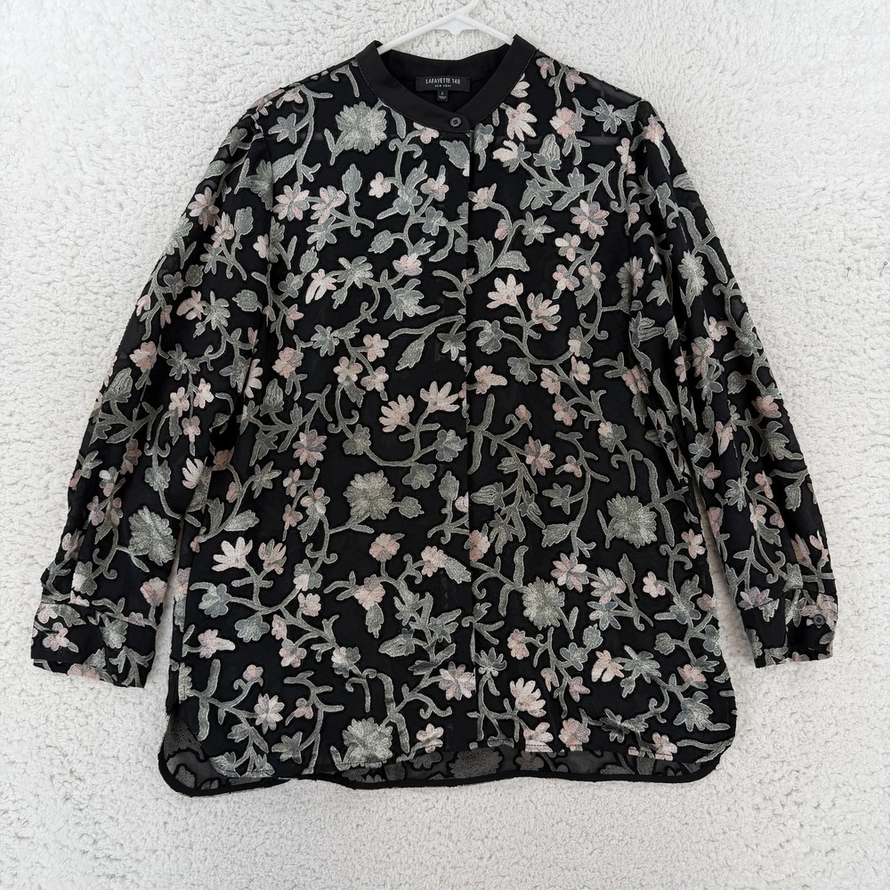 Lafayette 148 New York Blouse Womens Large Black Floral Sheer Long Sleeve Top